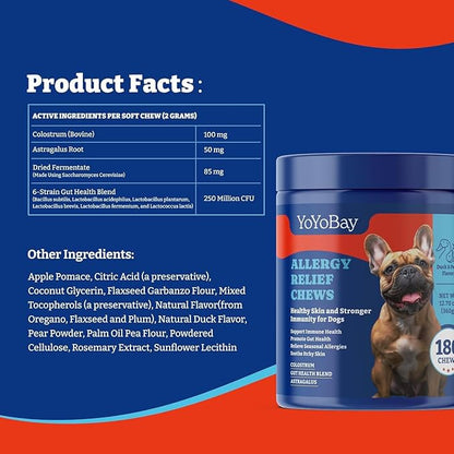 Dog Allergy Relief Chews – 180 Soft Chews, Duck & Pear Flavor - Immune Support & Itch Relief with Colostrum, Astragalus Root, 6-Strain Gut Health Blend, 2 Pack