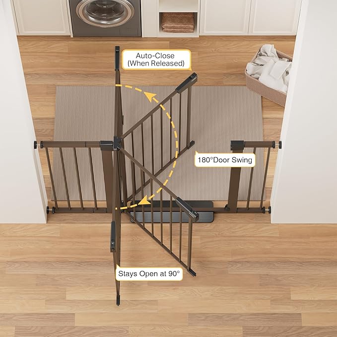 Cumbor 29.7-48" Baby Gate for Stairs, Mom's Choice Awards Winner-Dog Gate for Doorways, Auto Close Safety Pet Gate for Dogs Indoor, Easy Install Pressure Mounted Child Gate with Walk Thru Door, Brown