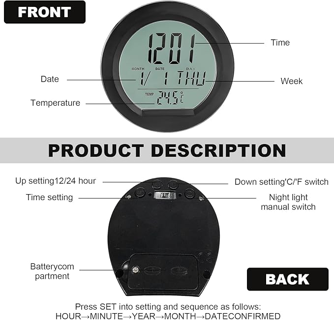Car Digital Thermometer Clock, Dashboard Clock with Backlight Fahrenheit Celsius Temperature Display, Mini Adhesive 24 Hour Format Time Clock Calendar for Car Truck Home