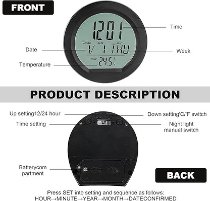 Car Digital Thermometer Clock, Dashboard Clock with Backlight Fahrenheit Celsius Temperature Display, Mini Adhesive 24 Hour Format Time Clock Calendar for Car Truck Home