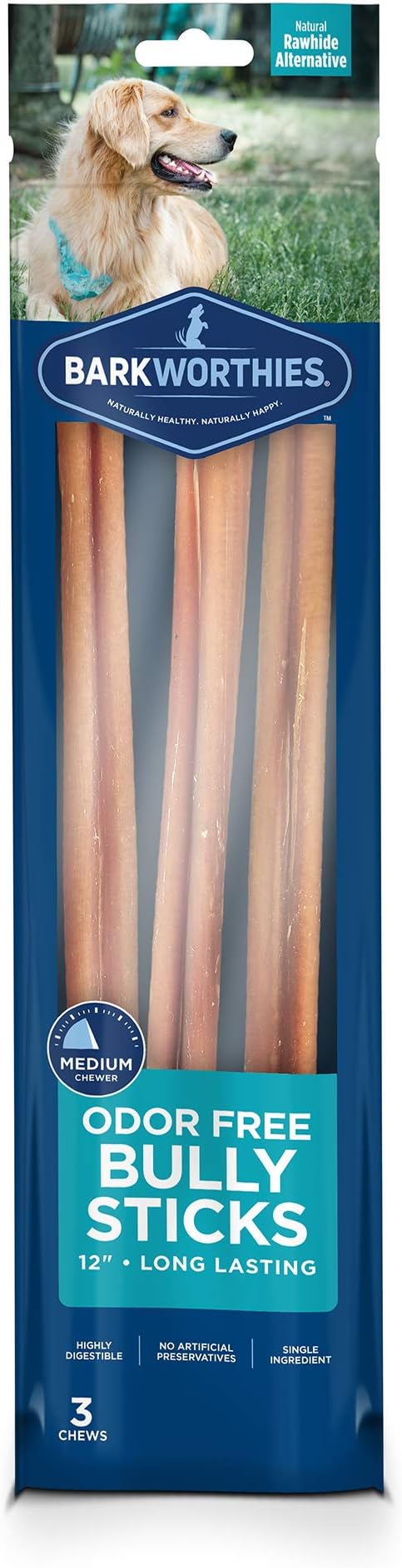 Barkworthies Odor-Free 12 Inch Bully Sticks - 3 Count (Pack of 1) - Protein-Packed, Easily Digestible, All-Natural Rawhide Alternative, Supports Dental Health
