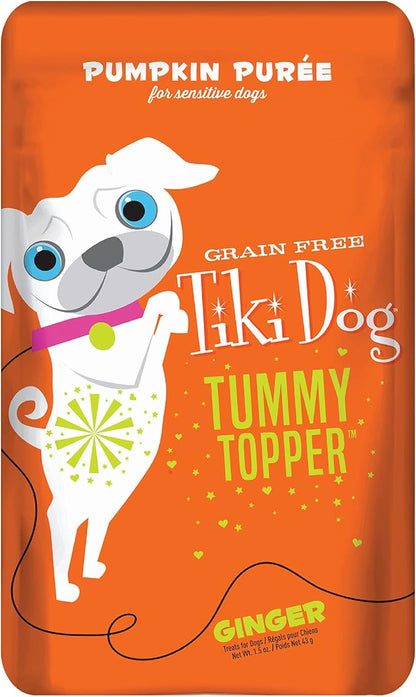 Tiki Dog Single-Serve Tummy Topper, Grain-Free Pumpkin Purée with Ginger for Sensitive Stomachs, 1.5oz Pouches (Pack of 12)