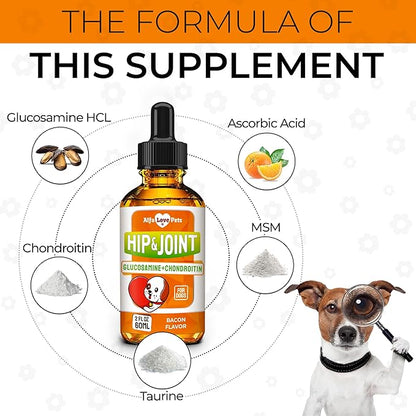 Glucosamine for Dogs + Chondroitinin in Liquid Form – Hip & Joint Supplement for Dogs to Care for Muscular System – Effective Dog Health Supplies with Natural Bacon Flavor – All Breeds Support – 2 oz