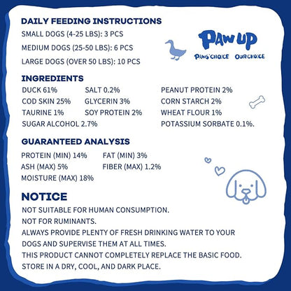 PAWUP Cod Skin Dog Treats with Duck Dog Snacks High Protein and Omega-3, Natural Dog Chews w/Taurine, 12.5 oz (12-15 Count)