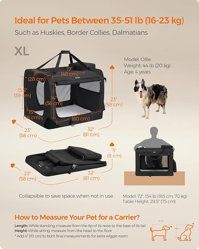 Feandrea 32 Inches Collapsible Soft Dog Crate, Portable Travel Dog Crate for Indoor and Outdoor Use, Dog Carrier Kennel with Safety Zippers, for Living Room, Car, Travelling, Camping, Black UPDC80H