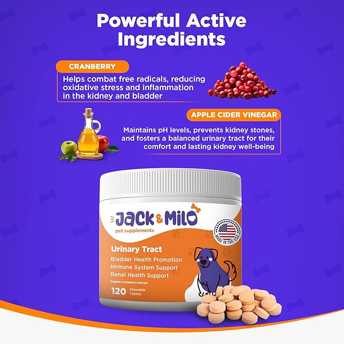 Jack & Milo - Supplement for Dogs, Dog UTI Incontinence, Kidney and Bladder Control - Cranberry & Antioxidants, Organic - Bladder Control for Dogs, USA Made-Non GMO - 120 Tablets