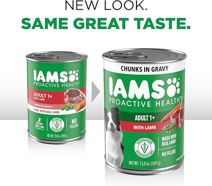 IAMS Proactive Health Wet Dog Food Adult, Canned Dog Food, Lamb Chunks in Gravy, 13 oz. Cans, Pack of 12