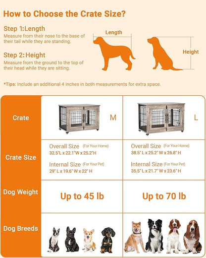 YaFiti Dog Crate Furniture with Cushion, Wooden Dog Kennel with Double Doors, Heavy Duty Dog Cage End Table with Wheels, Dog House Indoor for Small Medium Dogs up to 45 lb, 32.5” L, Grey