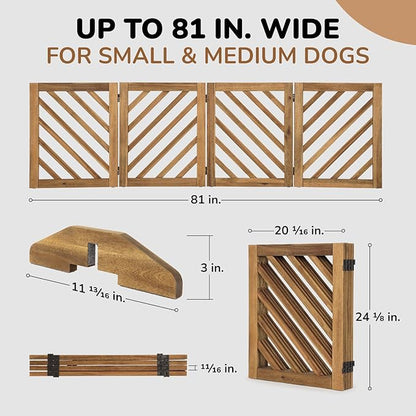 dCee Solid Acacia Wood Dog Gate, Expanded Wide 81 Inches, Freestanding Dog Gate Indoor, Foldable 4 Panels with 2 Support Legs, Ideal for Doorway, Kitchen, Hall, Stairs, Pet securety, Ebony Color