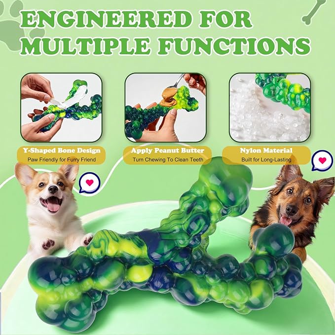3Pack Dog Chew Toys for Aggressive Chewers, Indestructible Interactive Dog Chew Nylon Bone Toys for for Medium Large Breed 15-60lbs, Teething Toy to Keep Them Busy, Bacon Flavor (Green)