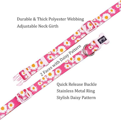Dog Collar and Leash Set, Cute Pink Daisy Pattern, Polyester Material, 5ft Leash, for Small Dogs.(Small, Pink Daisy)