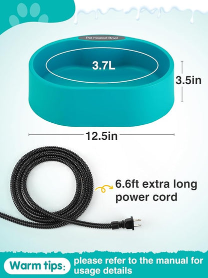 3.7L Heated Water Bowl for Outdoor Dogs Cats - 30W Thermostatic Control Heating Pet Bowl with 6.6Ft Bite-Proof Cord for Winter Chickens