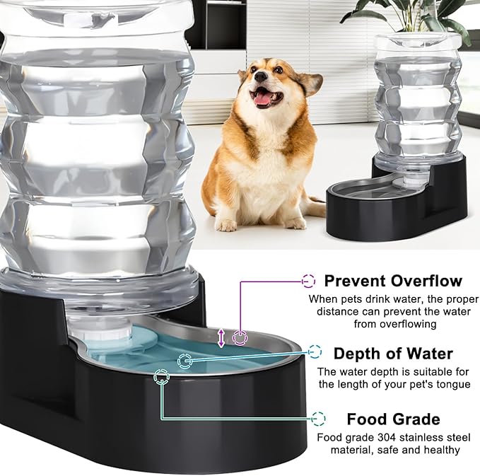 RIZZARI Dog Food Water Dispenser: 7L Large Black Stainless Steel Gravity Water Feeder - Easy Refill, Detachable 304 Stainless Bowl - for Busy Multi-Pet Owners & Medium Pet- Home Kitchen & Yard