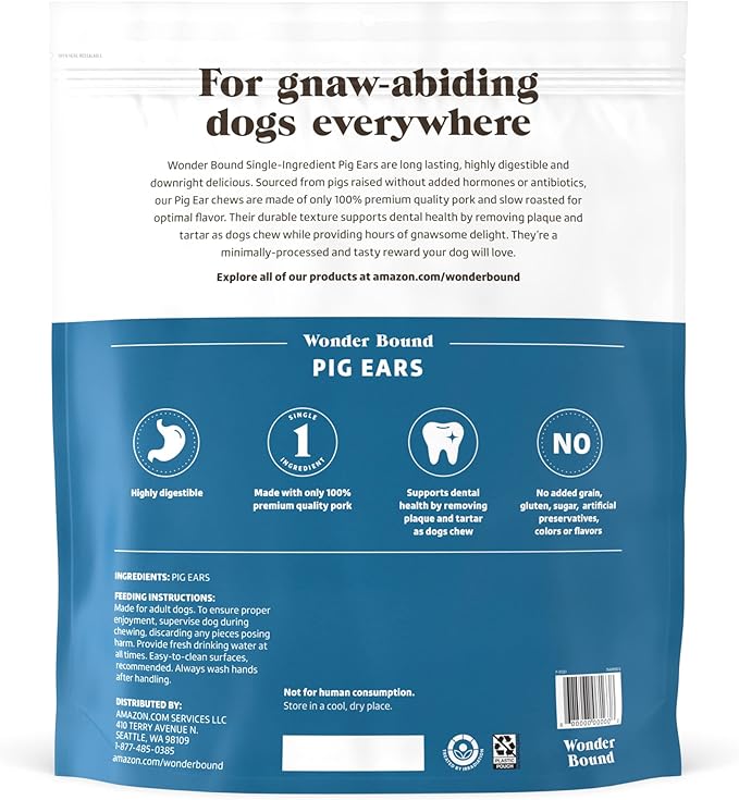 Amazon Brand - Wonder Bound Whole Pig Ears, Single Ingredient, Highly Digestible, Dog Treats for Puppy and Large/Medium Dogs, Pork, 12.7 Ounce, 18 Count (Pack of 2)