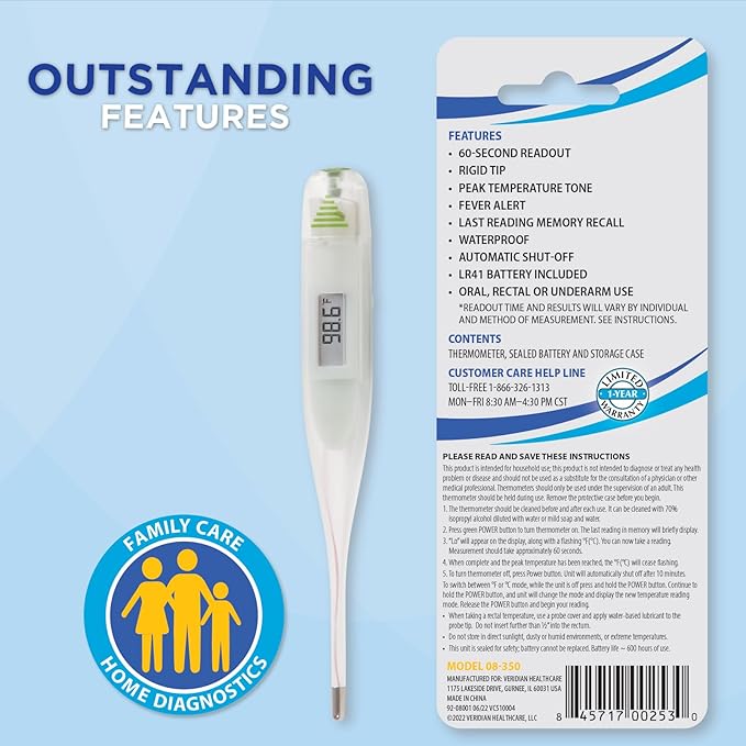 Veridian Healthcare Digital Thermometer | 60-Second Readout | Fahrenheit Measurements | Rigid Tip | Fever Alert | One-Year Warranty