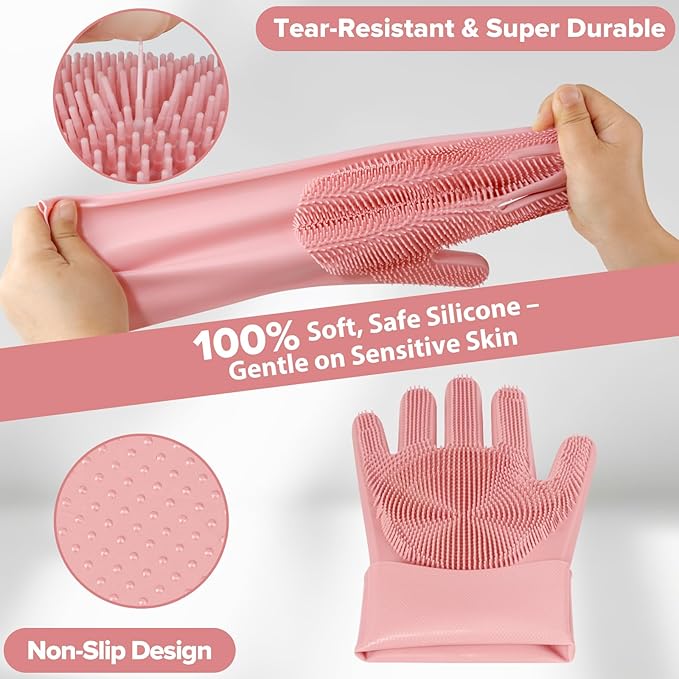Augwind 6PCS Pet Grooming Kit for Dogs,Cats and Horses | Dog Washing Gloves | Dog Bath Brush | Dog Bath Gloves | Dog Shampoo Brush | Pet Grooming Gloves | Dog Bath Supplies (Light Pink)