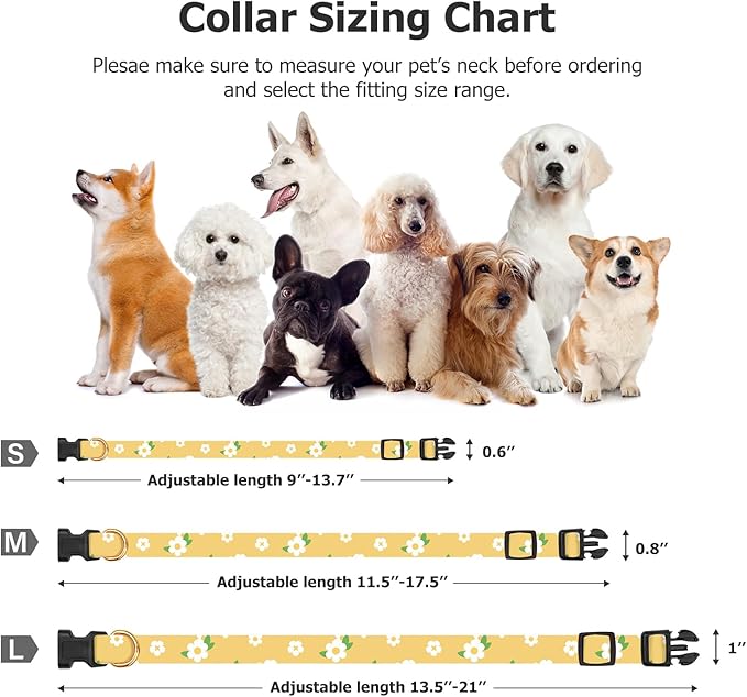 Cotton Handmade Dog Collar Cute and Distinctive Patterns Yellow Flower with Pendant for Girl Boy Dogs Collars L