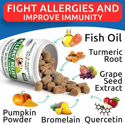 BARK&SPARK Dog Allergy Relief Soft Chews for Skin Health & Seasonal Allergies - Anti-Itch Supplement w/Omega-3, Quercetin & Bromelain Immune Treats for Dry Skin & Hot Spots - Chicken Liver - 180ct