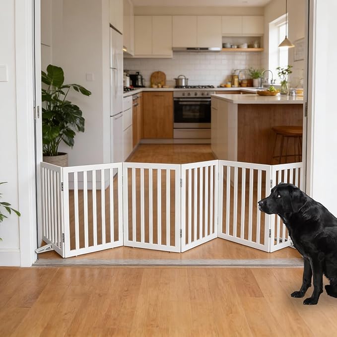 Foldable Indoor Dog Gate for The House Freestanding Stairs Nature Wooden White Pet Gate for Doorway Puppy Gate for Dogs Expandable Dog Fence for Stairs or Hallways 24"" Height 6 Panels