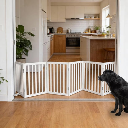 Foldable Indoor Dog Gate for The House Freestanding Stairs Nature Wooden White Pet Gate for Doorway Puppy Gate for Dogs Expandable Dog Fence for Stairs or Hallways 24"" Height 6 Panels