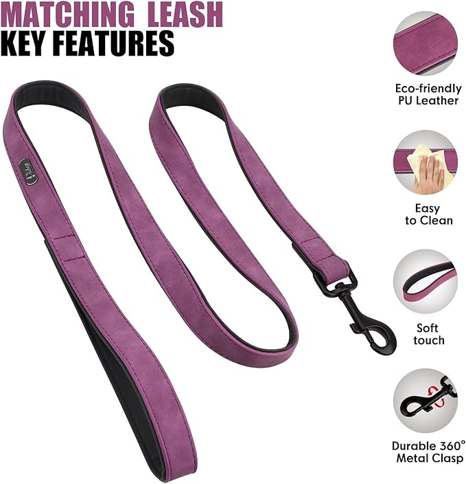 Didog Soft Padded Leather Dog Collar and Leash Set, Adjustable Dog Lead and Collar Set with Metal Buckle, Breathable Pet Collars with 4FT PU Leather Leash for Small Medium Dogs, Purple, M