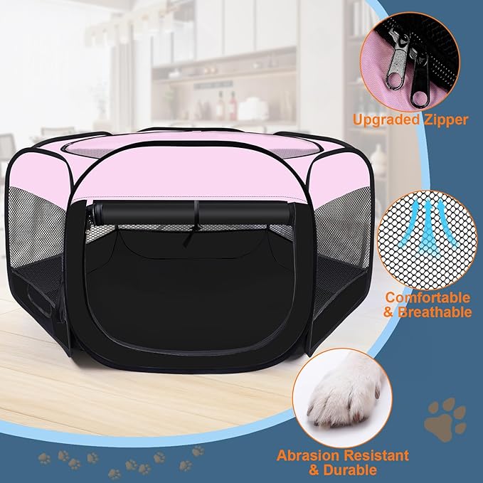 Dog Cat Playpen,Portable Pet Puppy Playpen,Rabbit Puppy Dog Play Pen for Indoors,Dogs Tent for Indoor Cats,Kitten Playpen,Collapsible Small Cats Crate Cage for Small Dogs with Carrying Case(Pink, S)