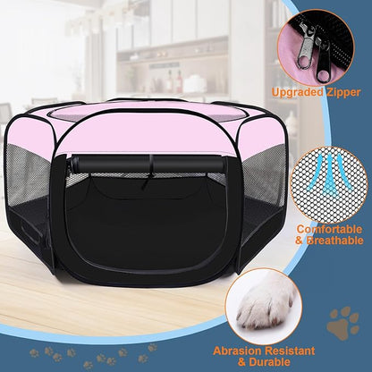 Dog Cat Playpen,Portable Pet Puppy Playpen,Rabbit Puppy Dog Play Pen for Indoors,Dogs Tent for Indoor Cats,Kitten Playpen,Collapsible Small Cats Crate Cage for Small Dogs with Carrying Case(Pink, M)