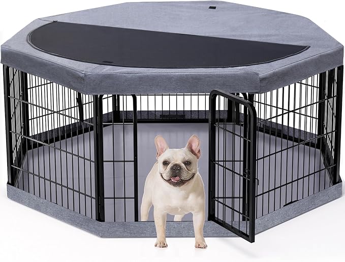 PETIME Dog Playpen,Metal Exercise Puppy Pen Heavy Duty Kennels Yard Fence Indoor/Outdoor 22" W x 24" H 8 Panels Dog Cage with Octagon Top Cover and Bottom Pad
