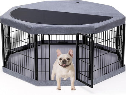 PETIME Dog Playpen,Metal Exercise Puppy Pen Heavy Duty Kennels Yard Fence Indoor/Outdoor 22" W x 24" H 8 Panels Dog Cage with Octagon Top Cover and Bottom Pad