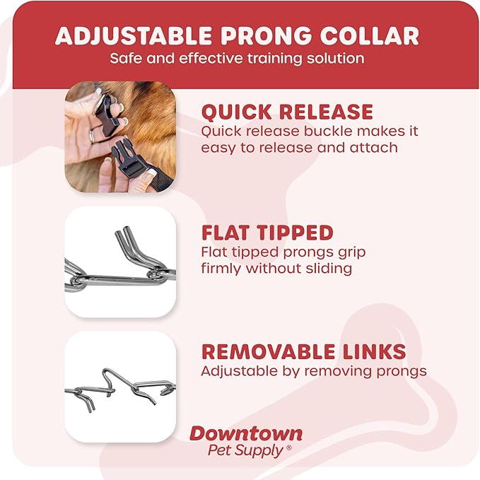 Downtown Pet Supply Chrome Plated/Nylon Prong Collar for Dogs, Large - Adjustable, No-Choke and No Pull Dog Collar with Removable Links - Pinch Collar for Dogs Over 50 lbs and 22" Neck Width