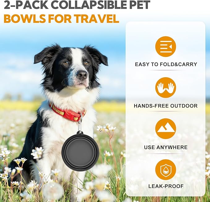 Collapsible Dog Bowl Large 2 Pack, Dog Water Bowls for Travels, Portable Foldable Pet Bowls Feeding Watering Dish for Parking Walking Camping with 2 Carabiners Clip (34oz, Large,Black+Grey)