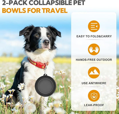 Collapsible Dog Bowl Large 2 Pack, Dog Water Bowls for Travels, Portable Foldable Pet Bowls Feeding Watering Dish for Parking Walking Camping with 2 Carabiners Clip (34oz, Large,Black+Grey)