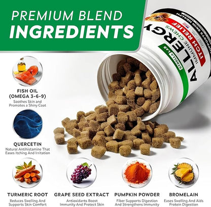 StrellaLab Dog Allergy Relief & Anti Itch Support Chews w/Omega 3: Real Ingredients, Real Taste! Skin & Coat Immune Supplement w/Fish Oil, Pumpkin & Enzymes — Developed by Experts - Made in USA -120Ct