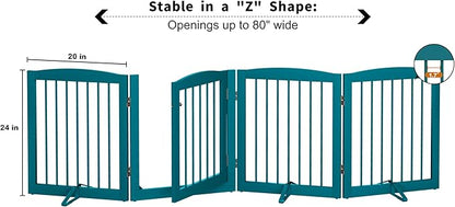 PUPETPO Freestanding Dog Gate with Door, Pet Gate for Stairs, 80 inch Wide Pet Barrier Indoor, Dog Fences Indoor, Support Feet Included, 4 Panels, 24" Tall, Blue