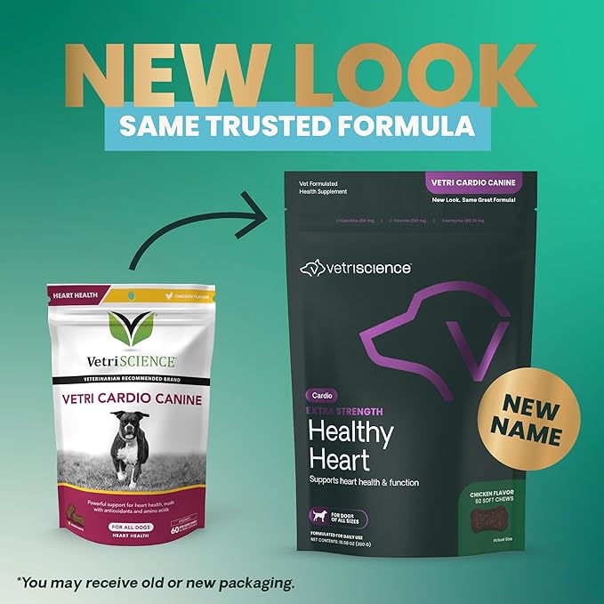 VetriScience Extra Strength Healthy Heart Chews, Vetri Cardio Supplement for Dogs, Cardio Support Supplement with Taurine, Carnitine, CoQ10, and Hawthorn, Chicken, 60 Count