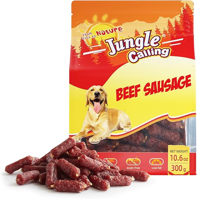 Jungle Calling Soft Beef Sausage Dog Treats, Grain-Free High Protein Tender Beef Jerky, Easy to Chew Training Treats for Small & Medium Dogs, 10.6 oz