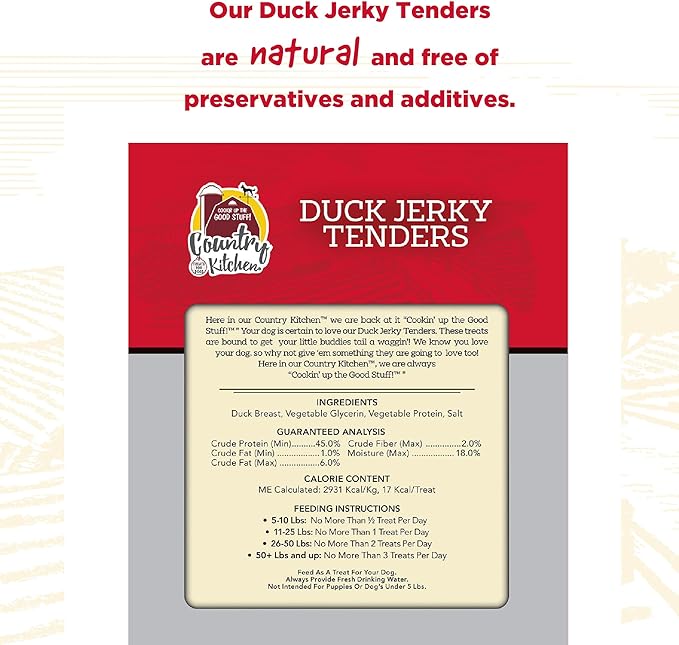 Country Kitchen Duck Jerky Tender Dog Treats, Made with Real Duck, High Protein, Low Fat, No Artificial Colors, 3 oz