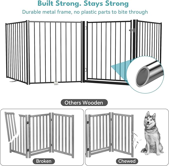 No Pawblems Free Standing Dog Gate with Door, 36'' Tall Foldable Dog Fence for Indoor & Outdoor, Up to 104 Inch Extra Wide Puppy Gate for Stairs, Hallways, Doorways, Deck, Yard (Black, 4 Panels)