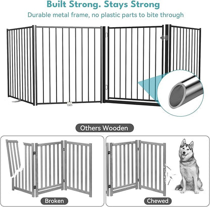 No Pawblems Free Standing Dog Gate with Door, 36'' Tall Foldable Dog Fence for Indoor & Outdoor, Up to 78 Inch Extra Wide Puppy Gate for Stairs, Hallways, Doorways, Deck, Yard (Black, 3 Panels)