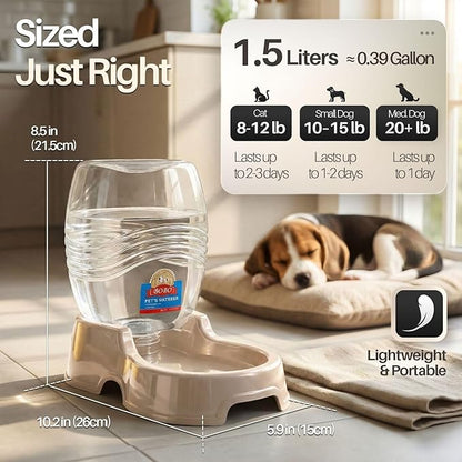 Flexzion Automatic Gravity Pet Waterer for Cat & Dog - Non-Skid & Easy-Clean Auto Replenish Water Dispenser Drinking Bowl (3/8 Gallon / 1.5L), Beige