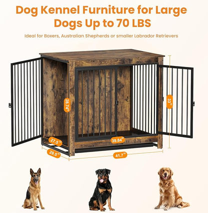 Derfullo Dog Crate Furniture, 42 Inch Indoor Large Dog Kennel for Medium to Large Dogs Up to 70 LBS, Heavy Duty Wooden Pet Cage End Table with 3 Doors, Alloy Steel Frame & Removable Tray
