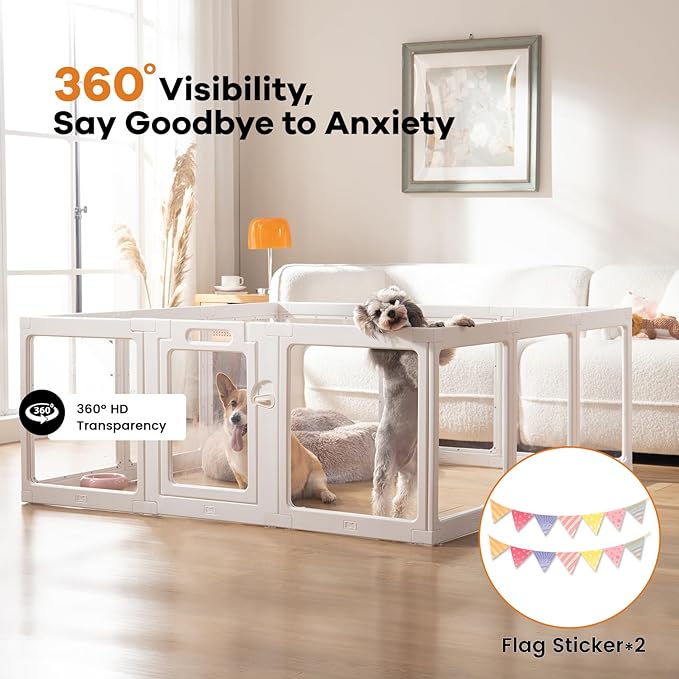 Clear Acrylic Dog Playpen Indoor, Puppy Cat Small Pet Play Pen, Pet Cat Playpen for Rabbits, Dog Fence Crate Kennel Whelping Cage (White, 12 Panel)