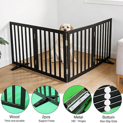 ZJSF Freestanding Indoor Dog Gate for House Foldable Wood Puppy Gate for Doorways Pet Gate for Stairs Extra Wide Pet Fence, Black, 24" Height 4 Panels