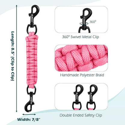 PetBonus Dog Collar Safety Clip, Handmade Backup Safety Strap for Dog Harness, Prong, Pinch Collar, Double Ended Clasp Leash Connector (Pink)