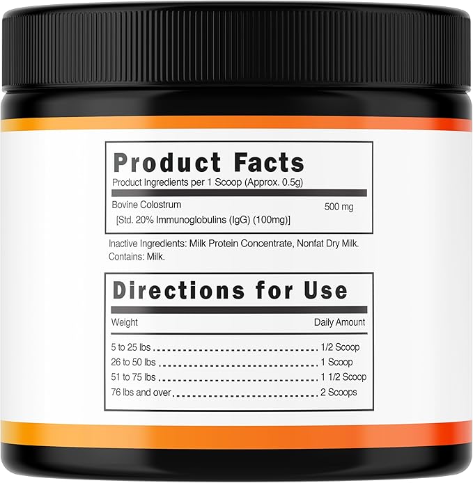Bovine Colostrum for Dogs (90g) Raw Colostrum Powder for All Ages, Breeds & Sizes - Immune, Allergy, Skin & Itch Support - 20% Immunoglobulins - Non GMO, Third Party Tested, USA Made - 3.17oz