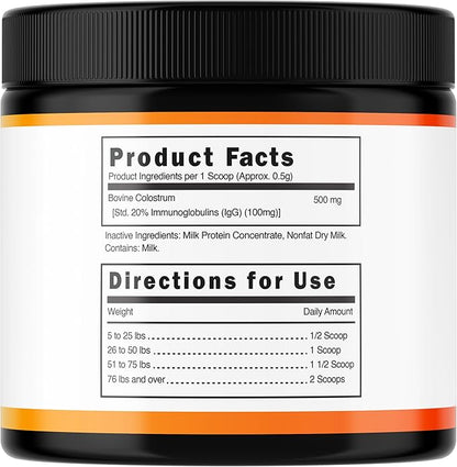 Bovine Colostrum for Dogs (90g) Raw Colostrum Powder for All Ages, Breeds & Sizes - Immune, Allergy, Skin & Itch Support - 20% Immunoglobulins - Non GMO, Third Party Tested, USA Made - 3.17oz