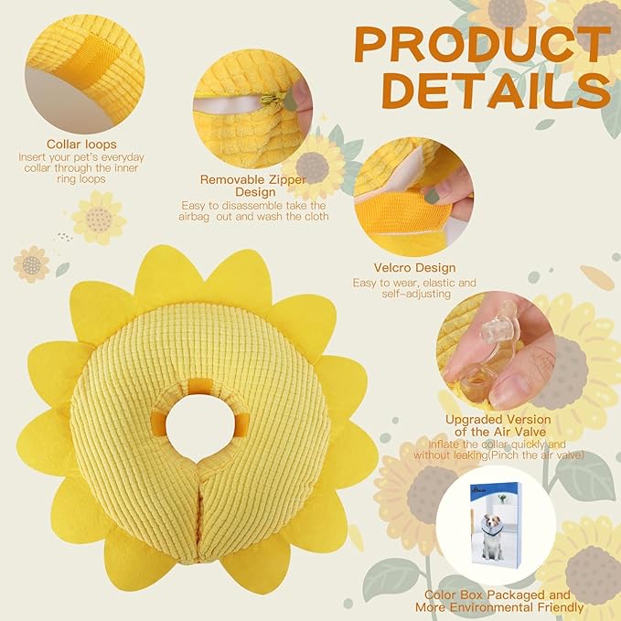 IEUUMLER Inflatable Recovery Dog Collar, Protective Donut Cone, Adjustable Soft Collar for Dog and Cat After Surgery Prevent from Biting & Scratching EU002 - Sunflower XL