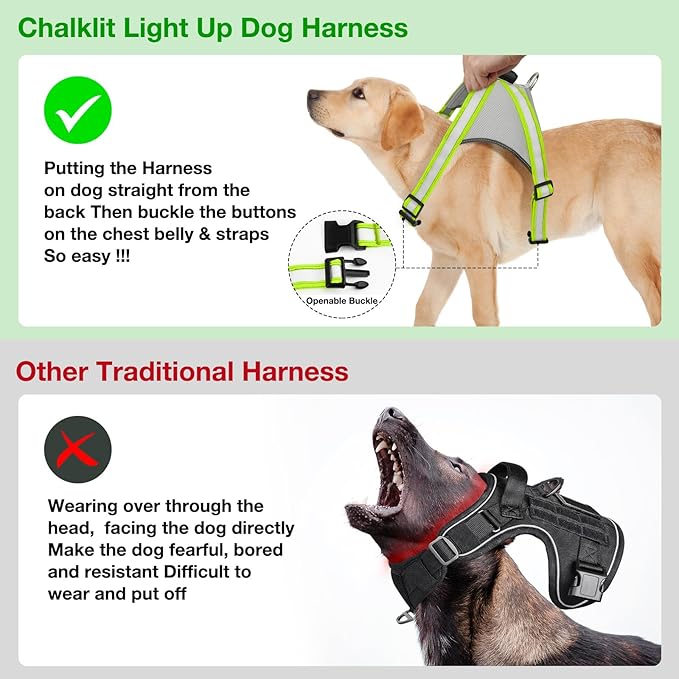 ChalkLit Light Up Dog Harness, No Pull Led Dog Harness Glow-in-The-Dark for Night Walking, USB Rechargeable Lighted Safety Vest for Medium Large Dogs, Adjustable Soft Mesh Fully Illuminated(Green, XL)