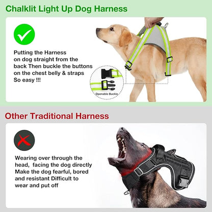 ChalkLit Light Up Dog Harness, No Pull Led Dog Harness Glow-in-The-Dark for Night Walking, USB Rechargeable Lighted Safety Vest for Medium Large Dogs, Adjustable Soft Mesh Fully Illuminated(Green, XL)