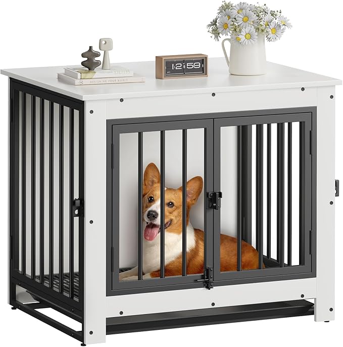 Derfullo Dog Crate Furniture, 29 Inch Indoor Dog Kennel for Small Dogs Up to 30 LBS, Heavy Duty Wooden Pet Cage End Table with 3 Doors, Alloy Steel Frame & Removable Tray